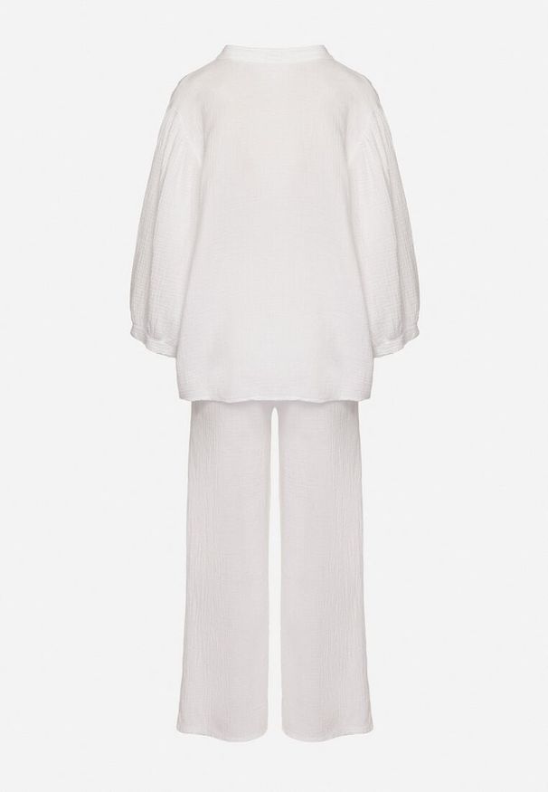 Born2be - Biały Muślinowy Komplet z Bawełny o Kroju Oversize Koszula i Szerokie Spodnie Ziselia. Kolor: biały. Materiał: bawełna. Wzór: aplikacja