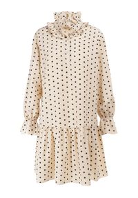 Born2be - Jasnobeżowa Sukienka Nikathe. Typ kołnierza: kołnierzyk stójkowy. Kolor: beżowy. Materiał: tkanina. Wzór: aplikacja, grochy. Długość: mini #4