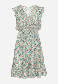 Born2be - Zielona Sukienka Mini z Wiskozy w Mozaikowy Wzór z Gumką w Pasie Lariaa. Okazja: na co dzień. Typ kołnierza: kołnierz z falbankami, dekolt w serek. Kolor: zielony. Materiał: wiskoza. Długość rękawa: na ramiączkach. Typ sukienki: rozkloszowane. Styl: casual, elegancki. Długość: mini #2