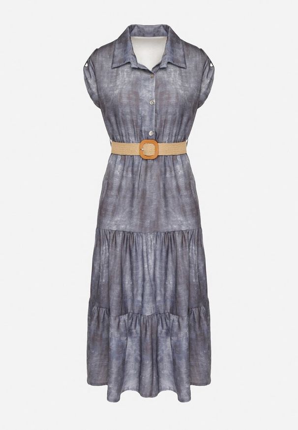 Born2be - Niebieska Sukienka Ozdobiona Plecionym Paskiem i Guzikami Filianea. Okazja: na co dzień. Kolor: niebieski. Materiał: jeans. Wzór: aplikacja. Styl: elegancki, casual