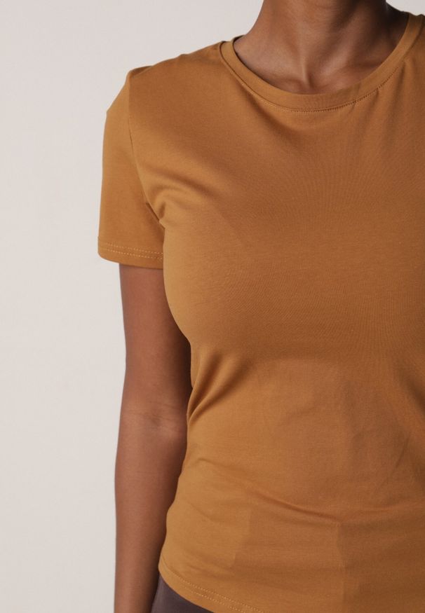 Born2be - Brązowy Bawełniany T-shirt w Klasycznym Stylu Nedila. Kolor: brązowy. Materiał: bawełna. Długość: długie. Styl: klasyczny