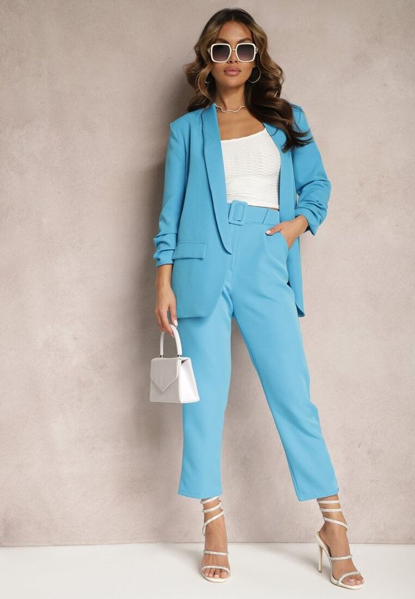 Renee - Niebieskie Spodnie z Paskiem Eudea. Kolor: niebieski. Materiał: materiał. Długość: długie. Wzór: jednolity. Styl: elegancki