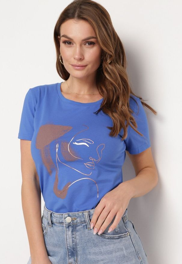 Born2be - Granatowy T-shirt z Bawełny z Krótkim Rękawem i Nadrukiem Tiaressa. Kolor: niebieski. Materiał: bawełna. Długość rękawa: krótki rękaw. Długość: krótkie. Wzór: nadruk. Styl: klasyczny, elegancki