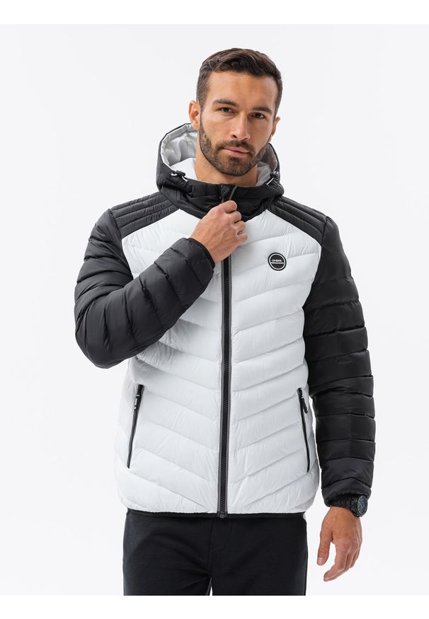 Ombre Clothing - Sportowa kurtka męska pikowana - biała V12. Kolor: biały. Materiał: poliester. Styl: sportowy