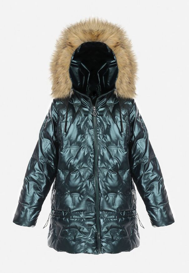 Born2be - Ciemnozielona Kurtka Metaliczna z Futrzanym Kapturem Amolika. Okazja: na co dzień. Kolor: zielony. Materiał: futro. Styl: casual