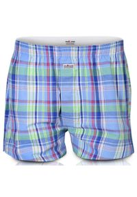 Luźne Męskie Bokserki, Bawełniane - Pako Jeans - Niebieskie w Kratkę. Kolor: niebieski. Materiał: bawełna. Wzór: kratka #1