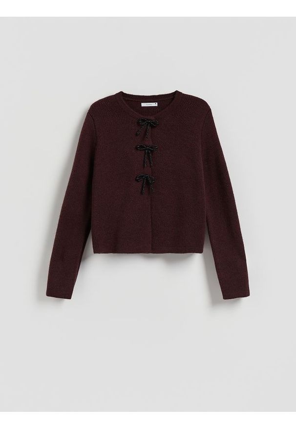 Reserved - Kardigan z kokardkami - bordowy. Typ kołnierza: kokarda. Kolor: czerwony. Materiał: dzianina, wełna
