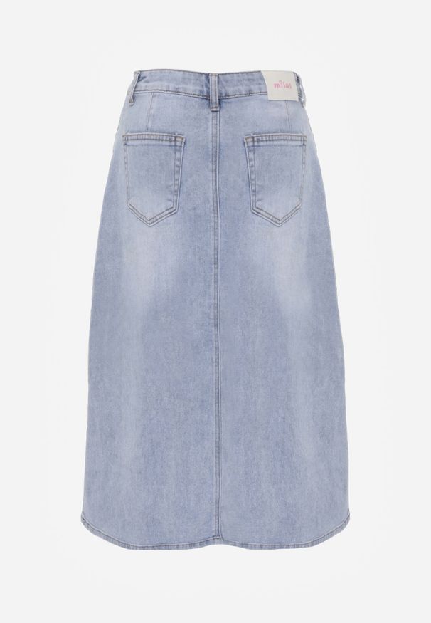 Born2be - Niebieska Jeansowa Spódnica z Bawełną Wysokim Stanem i Rozcięciem z Przodu Cannate. Okazja: na co dzień. Stan: podwyższony. Kolor: niebieski. Materiał: bawełna, jeans. Styl: casual