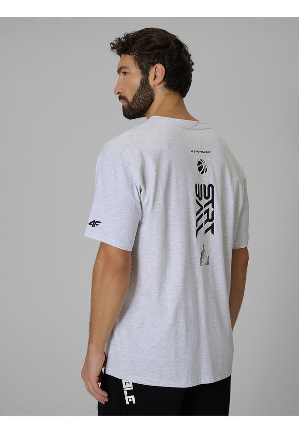 4f - 4F T-shirt loose z nadrukiem męski - szary M. Okazja: na co dzień. Kolor: szary. Materiał: materiał, bawełna, dzianina. Wzór: nadruk. Styl: casual