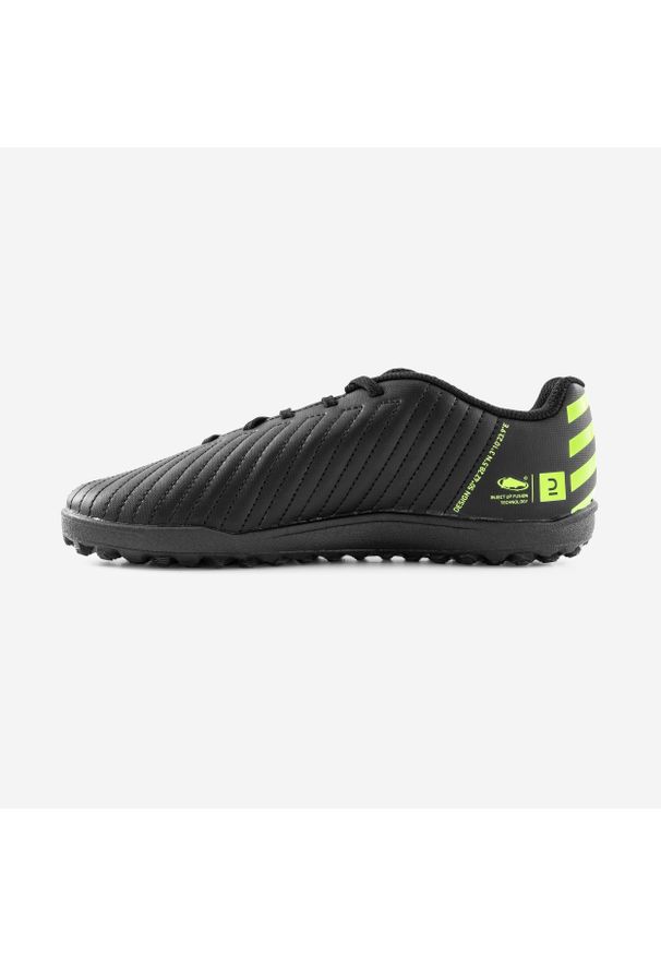 KIPSTA - Buty do piłki nożnej dla dzieci Kipsta 100 Easy Turf TF sznurowane. Kolor: zielony, czarny, żółty, wielokolorowy. Materiał: poliester. Szerokość cholewki: normalna. Sport: piłka nożna