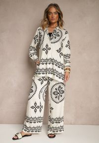 Renee - Beżowo-Czarny Komplet z Wiskozy w Ornamentalny Print Koszula i Szerokie Spodnie Pasniela. Kolor: beżowy. Materiał: wiskoza. Wzór: nadruk