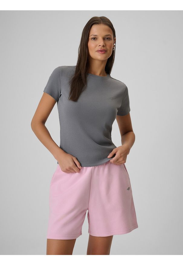 4f - 4F T-shirt slim prążkowany damski - szary L. Okazja: na co dzień. Kolor: szary. Materiał: prążkowany. Styl: casual, klasyczny