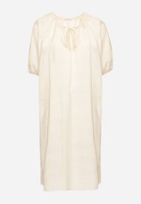 Born2be - Beżowa Bawełniana Sukienka Oversize z Wiązaniem pod Szyją Tolanea. Kolor: beżowy. Materiał: bawełna. Długość rękawa: krótki rękaw. Typ sukienki: oversize #3