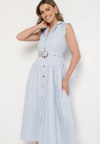 Born2be - Niebieska Sukienka Koszulowa Ozdobiona Paskiem Devikka. Okazja: na co dzień. Kolor: niebieski. Materiał: skóra. Wzór: aplikacja. Typ sukienki: koszulowe. Styl: casual, elegancki, klasyczny #2