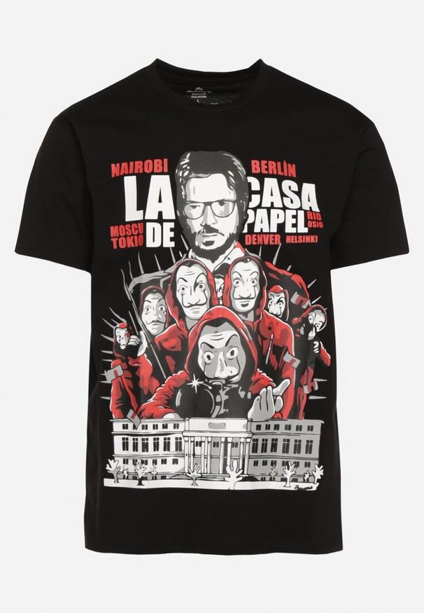 Born2be - Czarny Klasyczny T-shirt z Bawełny z Dużym Nadrukiem Gunelia. Okazja: na co dzień. Kolor: czarny. Materiał: bawełna. Wzór: nadruk. Styl: klasyczny