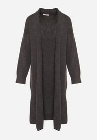 Born2be - Ciemnoszary Komplet Dzianinowy z Wełną Długi Kardigan i Sukienka w Prążki Falandrea. Kolor: szary. Materiał: wełna, dzianina. Wzór: prążki #5