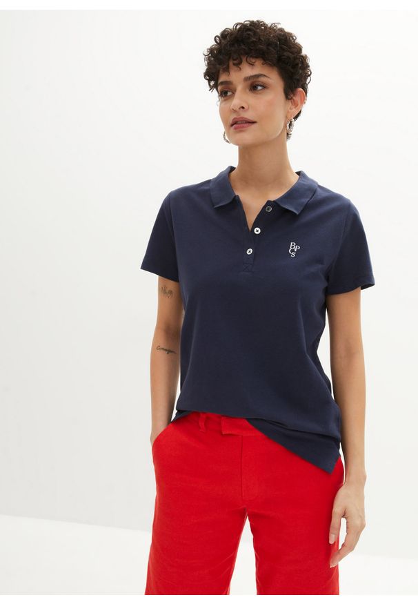 bonprix - Shirt polo. Typ kołnierza: polo. Kolor: niebieski. Wzór: aplikacja. Styl: klasyczny