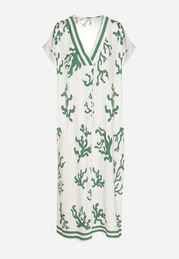 Born2be - Zielono-Beżowa Sukienka z Lnem i Wiskozą o Pudełkowym Kroju Sadirene. Okazja: na spotkanie biznesowe, na co dzień. Kolor: zielony. Materiał: wiskoza, len. Wzór: kwiaty. Sezon: wiosna, lato. Styl: elegancki, casual, biznesowy