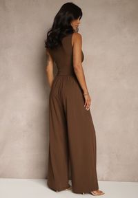 Renee - Brązowy Taliowany Kombinezon Wide Leg z Wiskozą Baniselia. Okazja: na co dzień. Kolor: brązowy. Materiał: wiskoza. Styl: casual, elegancki