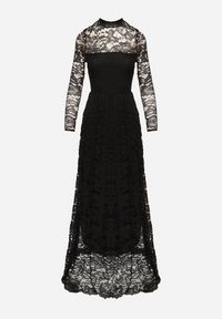 Born2be - Czarna Rozkloszowana Sukienka z Koronki ze Stójką i Gumką w Talii Delaviae. Okazja: na imprezę. Typ kołnierza: kołnierzyk stójkowy. Kolor: czarny. Materiał: koronka. Wzór: koronka. Styl: elegancki #6