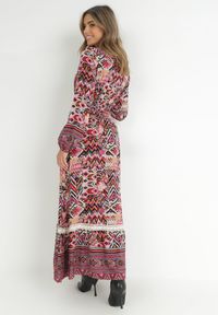 Born2be - Fuksjowa Sukienka z Gumką w Talii w Etno Wzór Tilfa. Kolor: różowy. Materiał: tkanina. Styl: etno