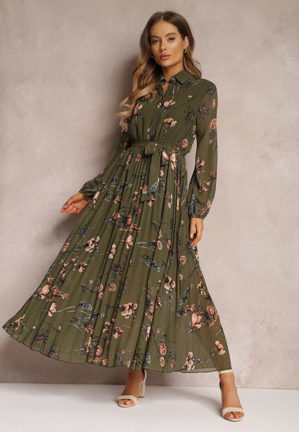 Renee - Ciemnozielona Sukienka Plisowana w Kwiaty Emiranda. Kolor: zielony. Materiał: tkanina. Wzór: kwiaty