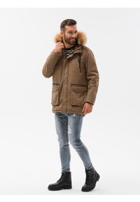 Ombre Clothing - Kurtka męska zimowa parka z dużymi kieszeniami - beżowa V5 C512 - XXL. Kolor: beżowy. Materiał: bawełna, poliester, futro, syntetyk. Sezon: zima #10