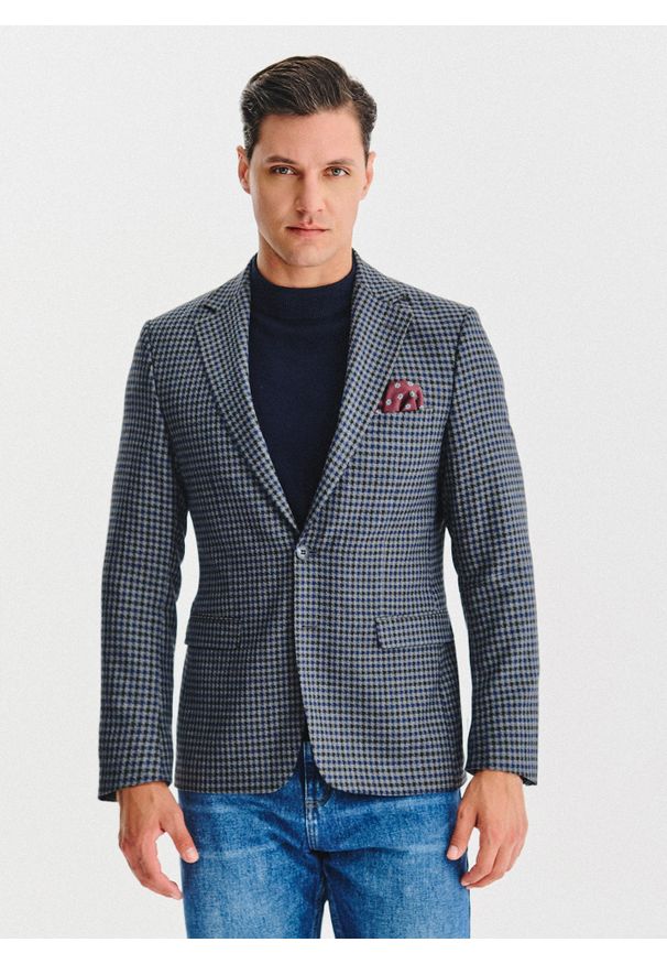 Pako Lorente - PAKO LORENTE – Granatowa marynarka w drobną kratę. Kolor: niebieski. Materiał: poliester, wiskoza, elastan. Sezon: jesień