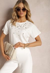 Renee - Biały T-shirt z Bawełny Ozdobiony Cyrkoniami Askadia. Kolor: biały. Materiał: bawełna. Wzór: aplikacja. Styl: glamour