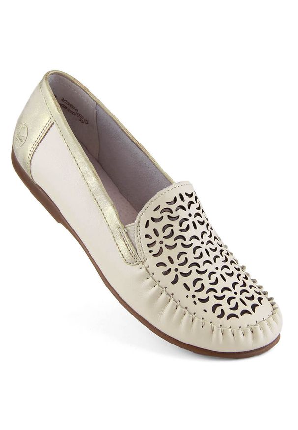 Skórzane komfortowe półbuty mokasyny damskie ażurowe beżowe Rieker L6350-60. Kolor: beżowy. Materiał: skóra ekologiczna. Wzór: ażurowy