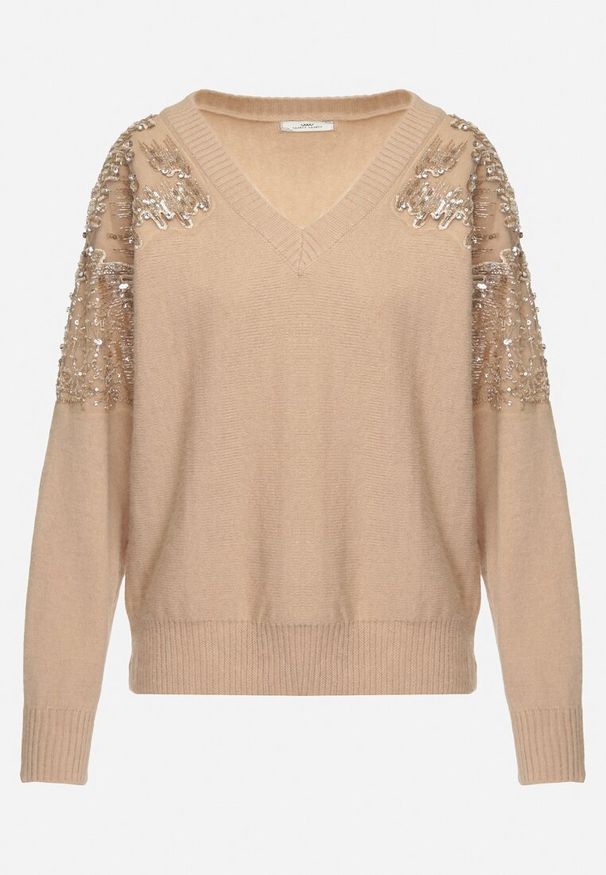 Born2be - Ciemnobeżowy Sweter w Stylu Nietoperza z Cyrkoniami i Cekinami Nevalithia. Okazja: na co dzień. Kolor: beżowy. Styl: wizytowy, casual