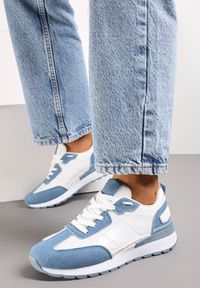 Renee - Biało-Niebieskie Sznurowane Sneakersy z Materiałowymi Wstawkami Aneril. Kolor: biały. Materiał: materiał #4