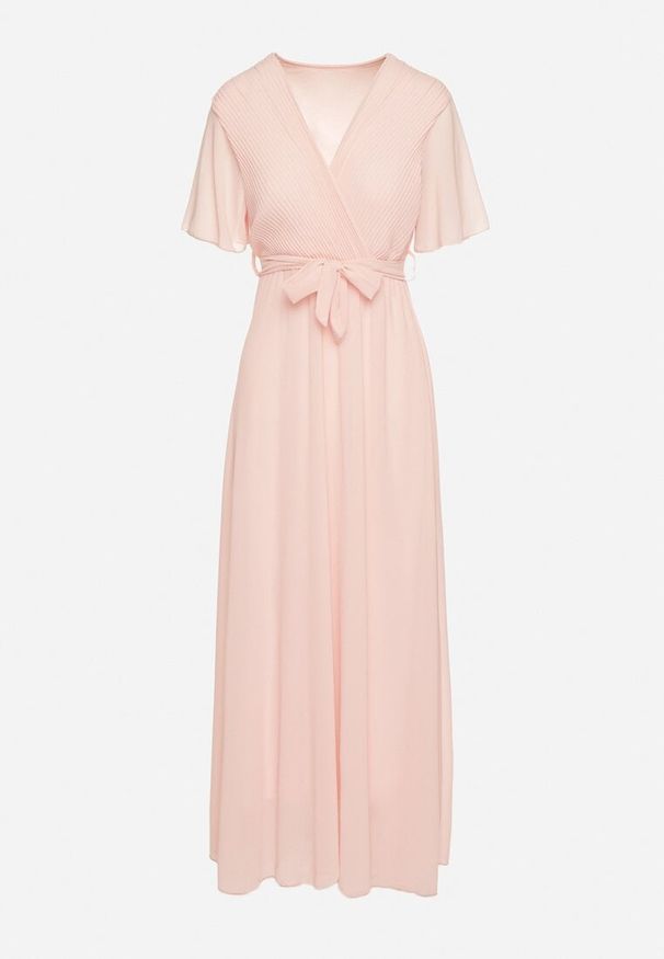 Born2be - Jasnoróżowa Kopertowa Sukienka z Gumką w Pasie i Plisowaną Górą Davitri. Kolor: różowy. Materiał: materiał. Długość rękawa: krótki rękaw. Typ sukienki: kopertowe. Długość: maxi