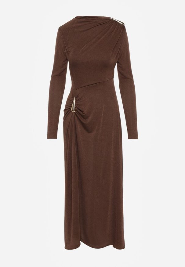 Renee - Brązowa Sukienka Koktajlowa z Marszczeniem i Metaliczną Ozdobą Retanda. Okazja: na randkę, na spotkanie biznesowe, do pracy, na imprezę. Kolor: brązowy. Wzór: aplikacja. Typ sukienki: asymetryczne. Styl: wizytowy