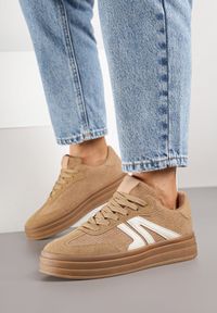Born2be - Ciemnobeżowe Sneakersy w Stylu Tenisówek na Grubej Podeszwie z Geometrycznym Wzorem Wevirra. Okazja: na co dzień. Kolor: beżowy. Wzór: geometria #4