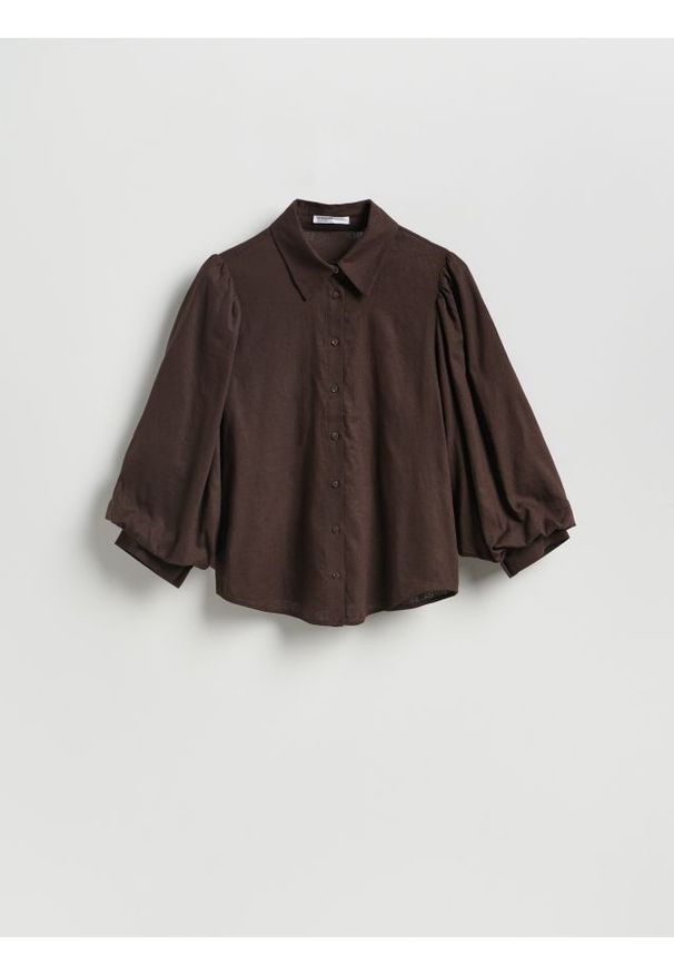 Reserved - Koszula z bufiastymi rękawami - ciemnobrązowy. Kolor: brązowy. Materiał: tkanina, wiskoza, len