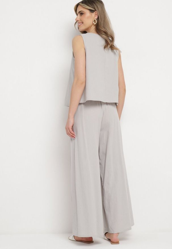 Born2be - Szary Bawełniany Komplet Top i Szerokie Spodnie Kuloty Sinelia. Kolor: szary. Materiał: bawełna