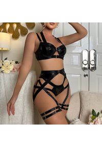 Intica - Komplet bielizny z pasem do pończoch regulowane zapięcia Dalija. Kolor: czarny. Materiał: materiał. Wzór: paski