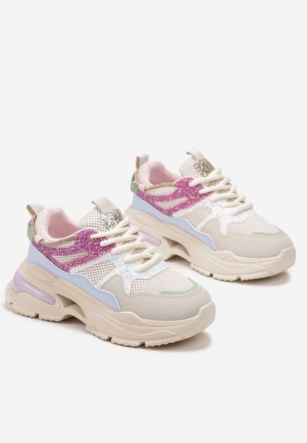 Renee - Beżowo-Różowe Sneakersy na Grubej Podeszwie z Siateczką i Błyszczącymi Detalami Xernnia. Okazja: na co dzień. Kolor: beżowy. Materiał: jeans