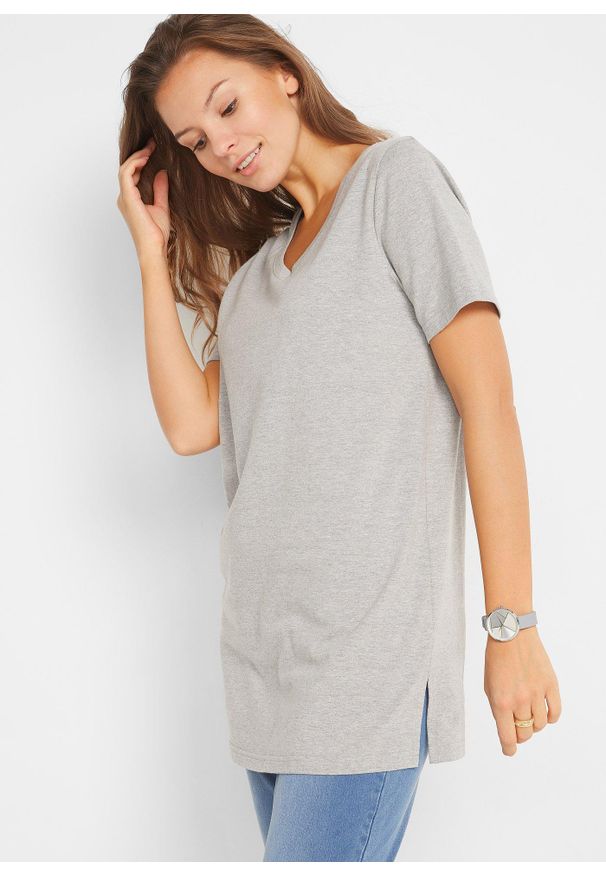 bonprix - Długa bluzka z dekoltem w serek (2 szt.). Typ kołnierza: dekolt w serek. Kolor: szary. Długość: długie