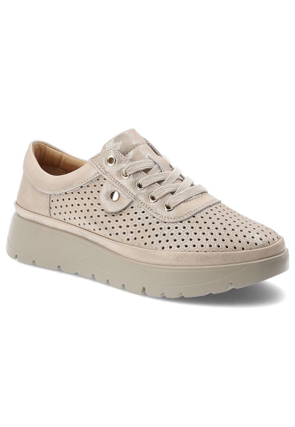 Półbuty damskie Vinceza, cholewka ze skóry naturalnej licowej z perforacją wiązanie z przodu na płaskiej podeszwie, złote, 79629. Kolor: złoty. Materiał: skóra. Szerokość cholewki: normalna. Obcas: na płaskiej podeszwie