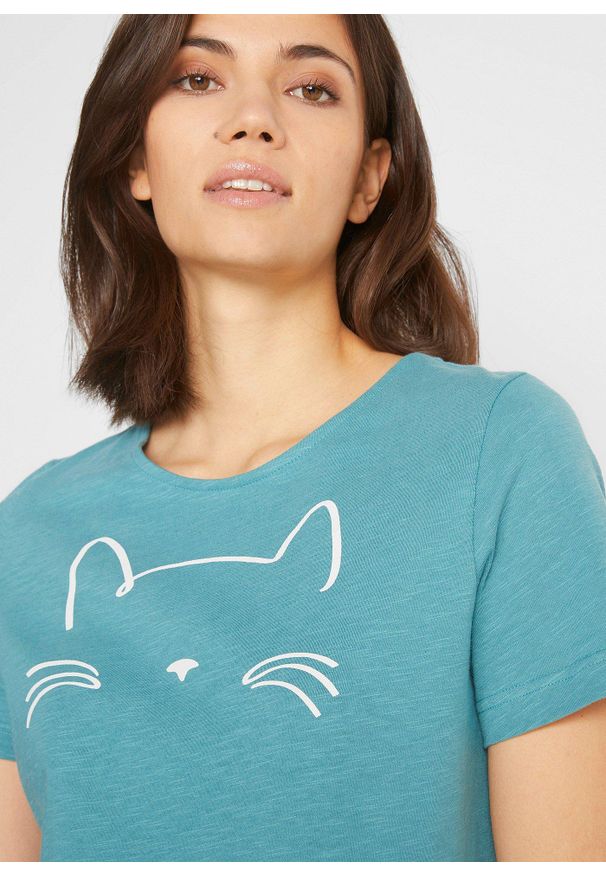 bonprix - Shirt z krótkim rękawem i nadrukiem z motywem kota. Kolor: niebieski. Materiał: bawełna. Długość rękawa: krótki rękaw. Długość: krótkie. Wzór: nadruk