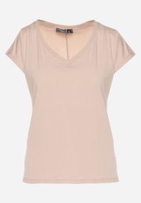Born2be - Beżowy Bawełniany T-shirt z Trójkątnym Dekoltem Linarosea. Okazja: na co dzień. Kolor: beżowy. Materiał: bawełna. Styl: casual #6