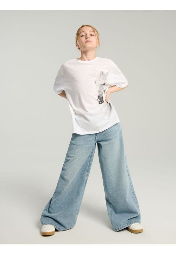 Sinsay - Jeansy wide leg high waist - niebieski. Stan: podwyższony. Kolor: niebieski