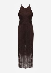 Renee - Brązowa Sukienka Wieczorowa na Ramiączkach z Ozdobnymi Frędzlami Glystarish. Kolor: brązowy. Długość rękawa: na ramiączkach. Styl: wizytowy. Długość: maxi #7