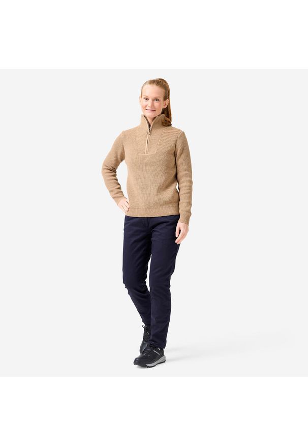 INESIS - Sweter do golfa damski MW500 z półgolfem. Typ kołnierza: golf. Kolor: beżowy. Materiał: materiał, bawełna. Wzór: ze splotem. Styl: sportowy, elegancki