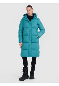 4f - 4F Płaszcz puchowy z wypełnieniem syntetycznym damski - turkusowy S. Okazja: na co dzień. Kolor: turkusowy. Materiał: puch, syntetyk. Długość: do kolan. Sezon: zima. Styl: casual #1