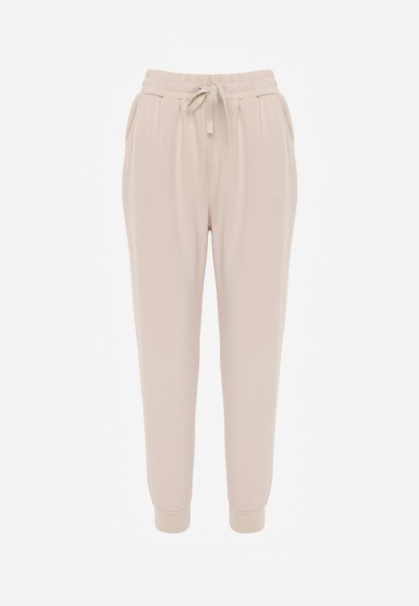 Renee - Beżowe Sportowe Spodnie Typu Jogger High Waist ze Ściągaczem w Talii Isirona. Okazja: na co dzień. Stan: podwyższony. Kolor: beżowy. Długość: krótkie. Styl: sportowy