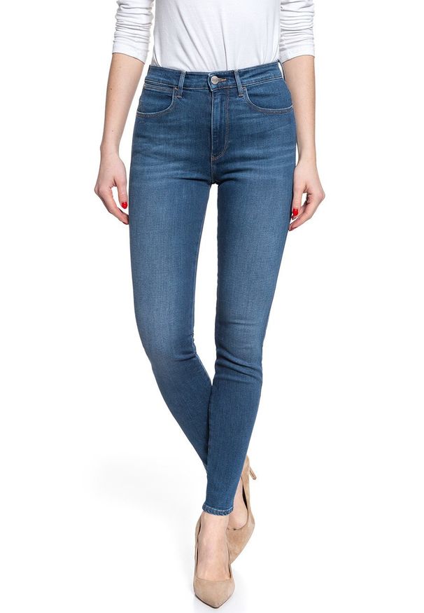 Wrangler - DAMSKIE SPODNIE JEANSOWE WRANGLER HIGH RISE SKINNY MID INDIGO W27HVQX8E 112128135. Okazja: na co dzień. Stan: podwyższony. Styl: casual, elegancki