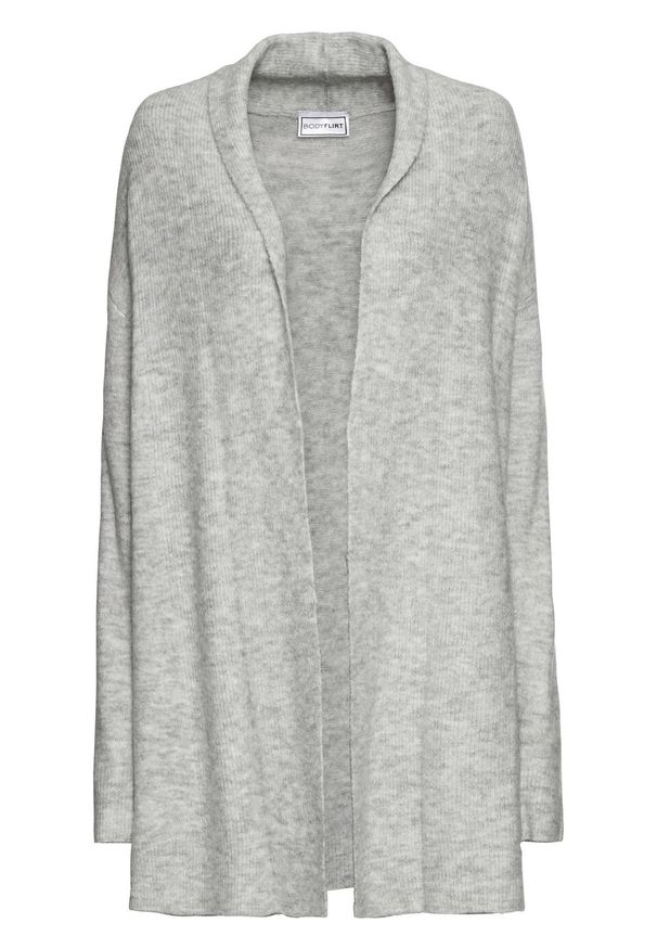 Sweter bez zapięcia z szalowym kołnierzem bonprix jasnoszary melanż. Kolor: szary. Długość: długie. Wzór: melanż
